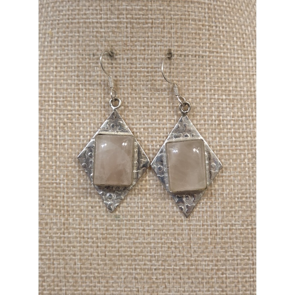 Large Vintage Sterling Silver &‎ Rose Quartz Tribal Dangle Earrings Handcrafted